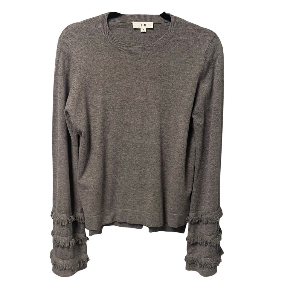 THML Crewneck Bell Sleeve Fringe Trim Gray Knit Top Womens Medium